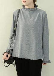 Art gray blue top Inspiration high neck patchwork lace blouses - SooLinen