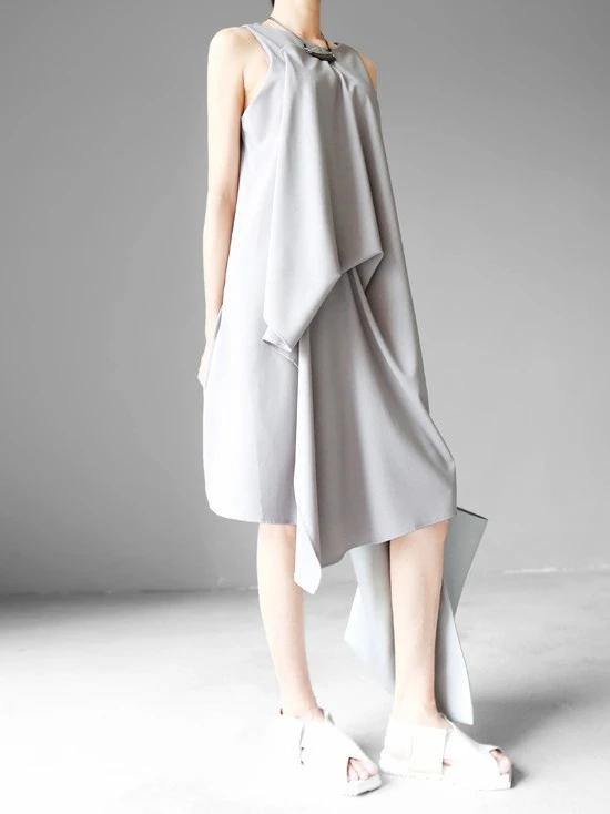 Art Gray Chiffon Dresses Plus Size Sleeve O Neck Asymmetric Linen Robes Summer Dresses - SooLinen
