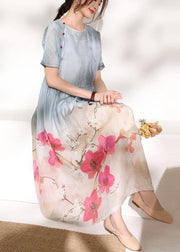 Art gray print linen dresses o neck patchwork Dresses - SooLinen