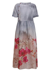 Art gray print linen dresses o neck patchwork Dresses - SooLinen