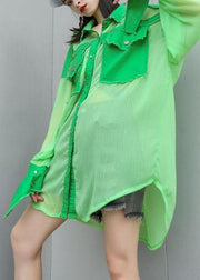 Art green chiffon patchwork tops women blouses big pockets tunic summer blouses - SooLinen