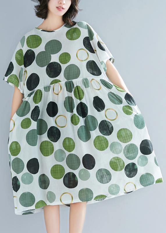 Art green dotted linen plus size Catwalk o neck short sleeve baggy Summer Dresses - SooLinen