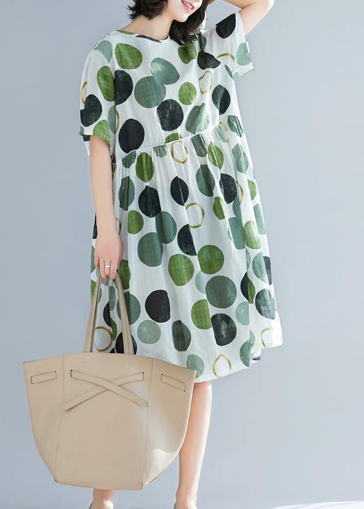 Art green dotted linen plus size Catwalk o neck short sleeve baggy Summer Dresses - SooLinen
