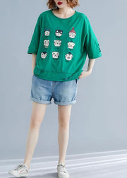 Art green prints cotton clothes o neck Hole Midi summer shirt - SooLinen