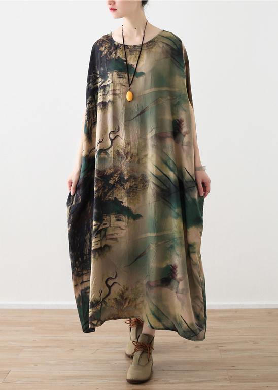 Art green prints silk clothes Omychic Fashion Ideas o neck long summer Dresses - SooLinen