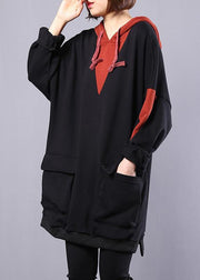 Art hooded cotton clothes For Women Work black patchwork blouse autumn - SooLinen