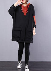 Art hooded cotton clothes For Women Work black patchwork blouse autumn - SooLinen