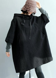 Art hooded pockets fall tunic pattern Tops black blouses - SooLinen