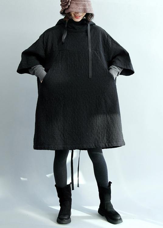 Art hooded pockets fall tunic pattern Tops black blouses - SooLinen