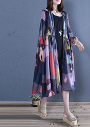 Art hooded zippered Fashion summer pattern blue print loose outwear - SooLinen