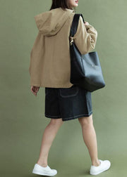Art khaki drawstring Fashion clothes For Women design hooded fall short jackets - SooLinen