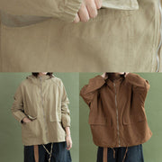 Art khaki drawstring Fashion clothes For Women design hooded fall short jackets - SooLinen