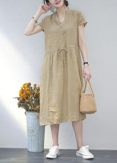 Art khaki linen clothes For Women v neck drawstring long summer Dresses - SooLinen