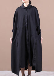 Art lapel asymmetric spring clothes For Women Cotton black Dress - SooLinen