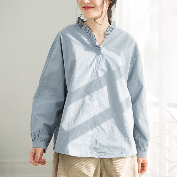 Kunst hellblaue Baumwollkleidung für Frauen 2019 Kleiderschränke Rüschen Plus Size Kleidung Top