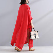 Art Leinenkleidung für Frauen Vintage Sommer V-Ausschnitt Schlitz locker lässig rotes Kleid