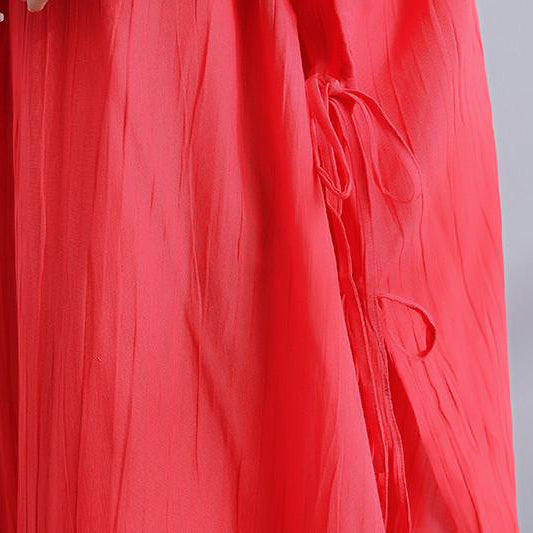 Art Leinenkleidung für Frauen Vintage Sommer V-Ausschnitt Schlitz locker lässig rotes Kleid