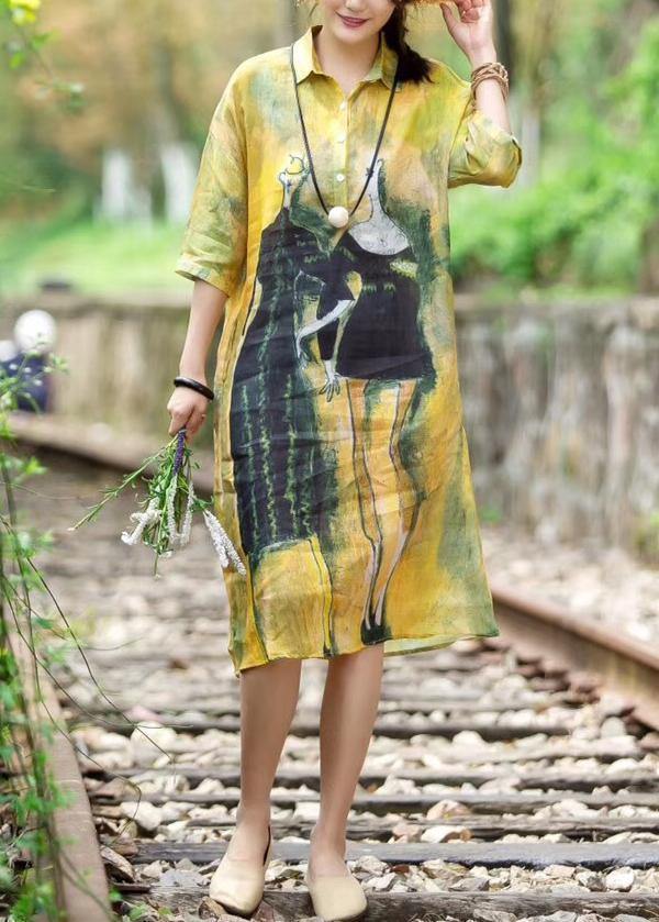 Art linen yellow Robes plus size Women Summer Casual Cute Printed Dress - SooLinen