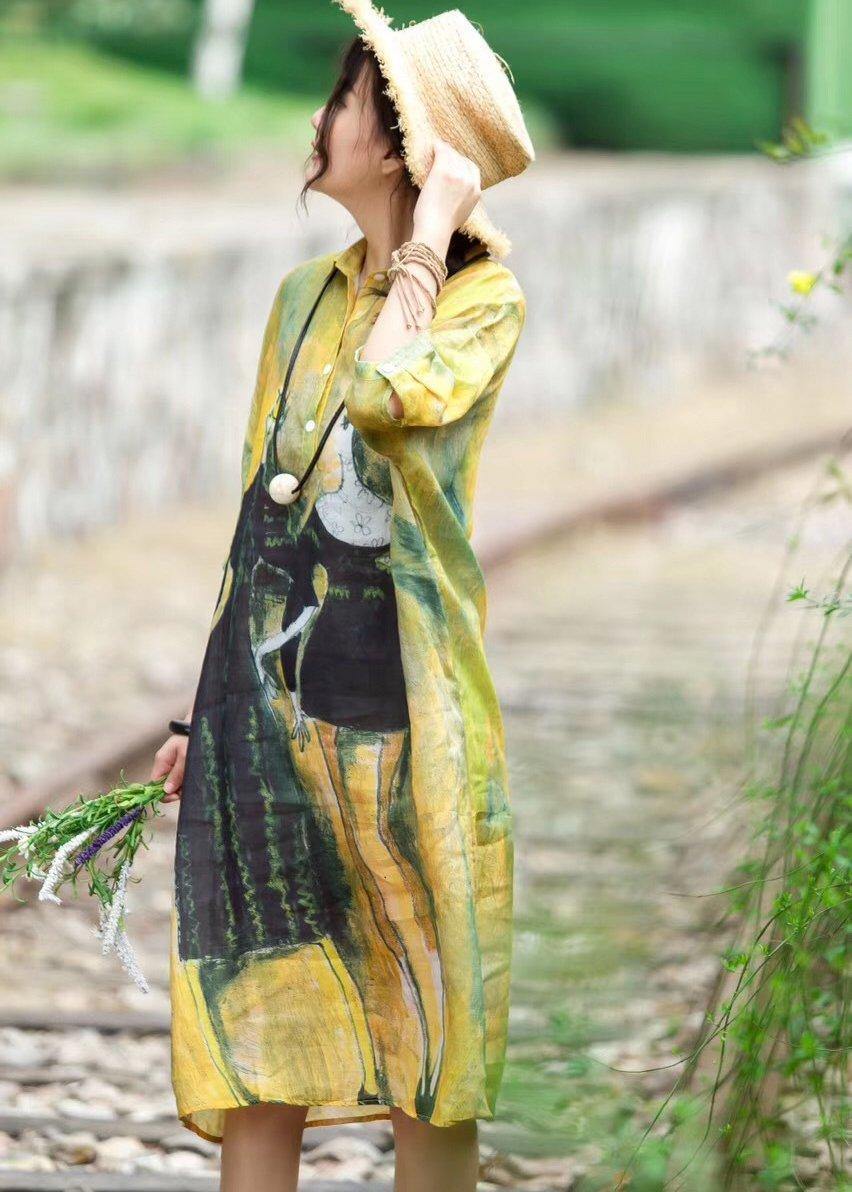 Art linen yellow Robes plus size Women Summer Casual Cute Printed Dres ...