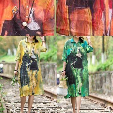 Art linen yellow Robes plus size Women Summer Casual Cute Printed Dress - SooLinen