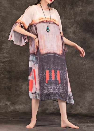Art multicolor linen clothes For Women o neck side open shift summer Dress - SooLinen