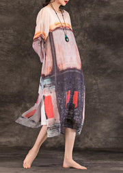 Art multicolor linen clothes For Women o neck side open shift summer Dress - SooLinen