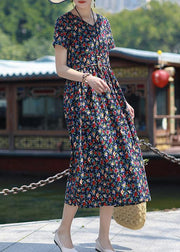 Art navy print linen clothes v neck pockets loose summer Dress - SooLinen
