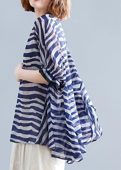 Art o neck Batwing Sleeve clothes Work Outfits blue striped blouse - SooLinen