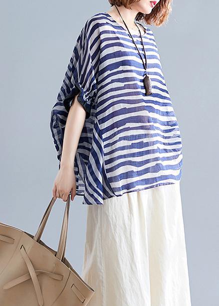 Art o neck Batwing Sleeve clothes Work Outfits blue striped blouse - SooLinen