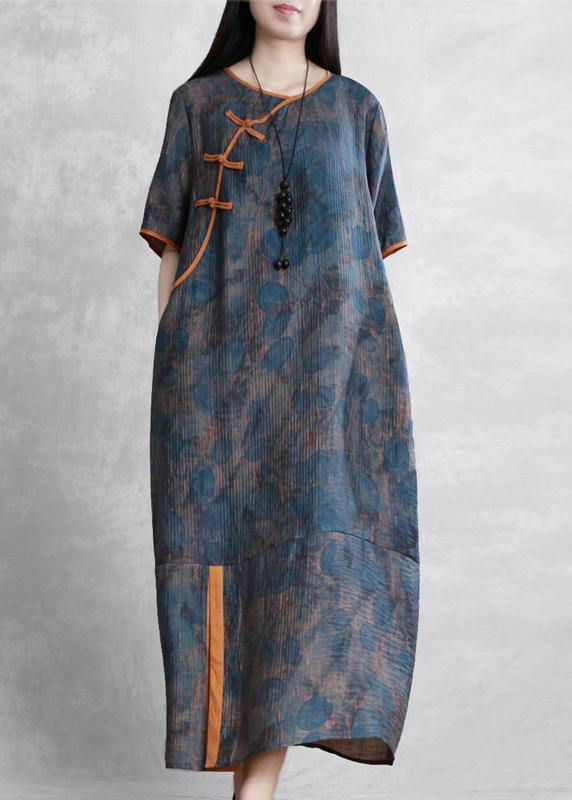 Art o neck Chinese Button Robes Neckline blue print Dress - SooLinen