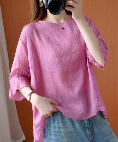 Art o neck Ruffles summer clothes For Women Tunic Tops pink shirts - SooLinen