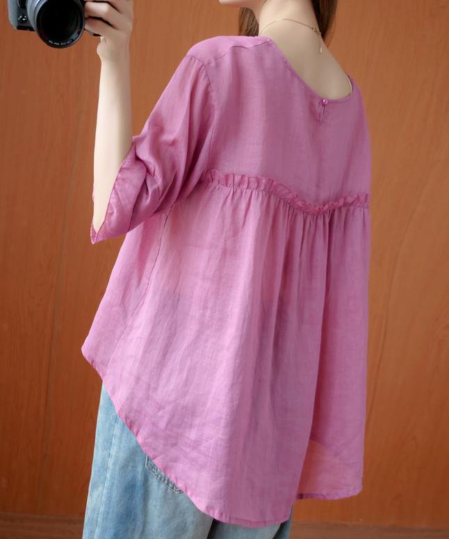 Art o neck Ruffles summer clothes For Women Tunic Tops pink shirts - SooLinen