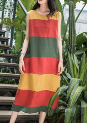 Art o neck Sleeveless linen clothes For Women Inspiration red striped Dress summer - SooLinen