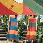 Art o neck Sleeveless linen clothes For Women Inspiration red striped Dress summer - SooLinen