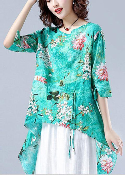 Art o neck asymmetric tunic pattern green Plant printing Dresses blouses - SooLinen