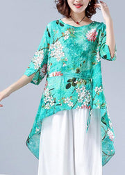 Art o neck asymmetric tunic pattern green Plant printing Dresses blouses - SooLinen