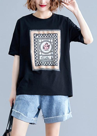 Art o neck cotton clothes For Women Tunic black Geometric blouses - SooLinen