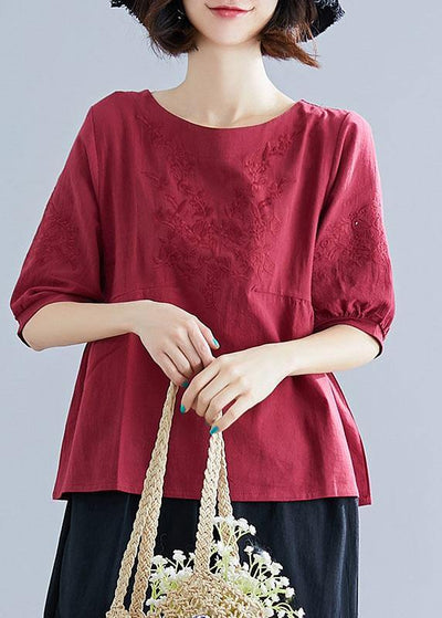 Art o neck embroidery cotton Blouse Sewing burgundy shirt summer - SooLinen