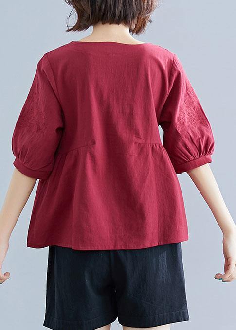 Art o neck embroidery cotton Blouse Sewing burgundy shirt summer - SooLinen