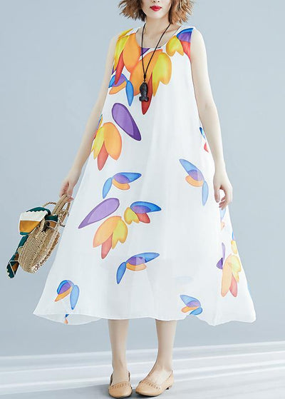 Art o neck false two pieces chiffon dresses Fashion white print Dresses Summer - SooLinen