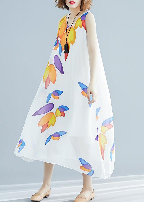 Art o neck false two pieces chiffon dresses Fashion white print Dresses Summer - SooLinen