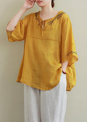 Art o neck linen Blouse Wardrobes yellow embroidery tops - SooLinen