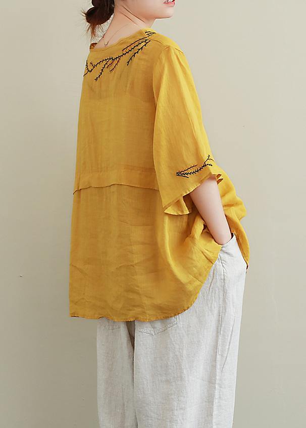 Art o neck linen Blouse Wardrobes yellow embroidery tops - SooLinen