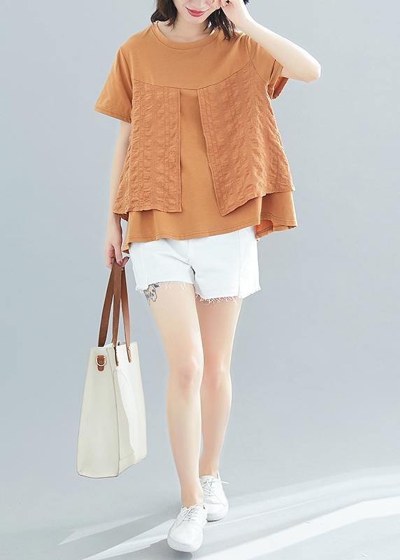 Art o neck patchwork cotton tops women blouses Korea Work Outfits khaki box blouses Summer - SooLinen