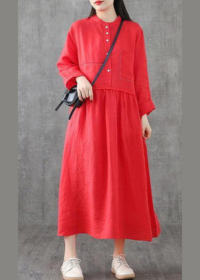 Art o neck patchwork linen Wardrobes Sewing red Dresses spring - SooLinen