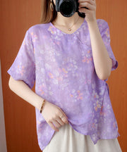 Art o neck tie waist Blouse Wardrobes purple print shirt - SooLinen