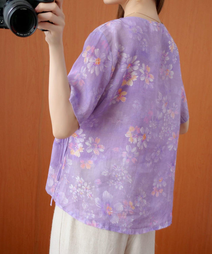 Art o neck tie waist Blouse Wardrobes purple print shirt - SooLinen