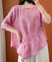 Art pink embroidery Blouse o neck Cinched silhouette blouse - SooLinen