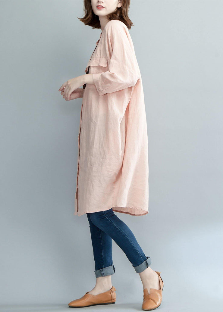 Art pink linen dresses stand collar baggy summer shirt Dress - SooLinen