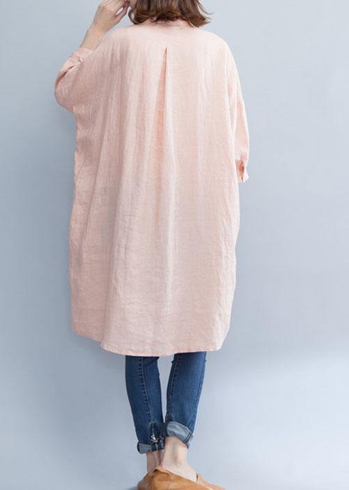 Art pink linen dresses stand collar baggy summer shirt Dress - SooLinen